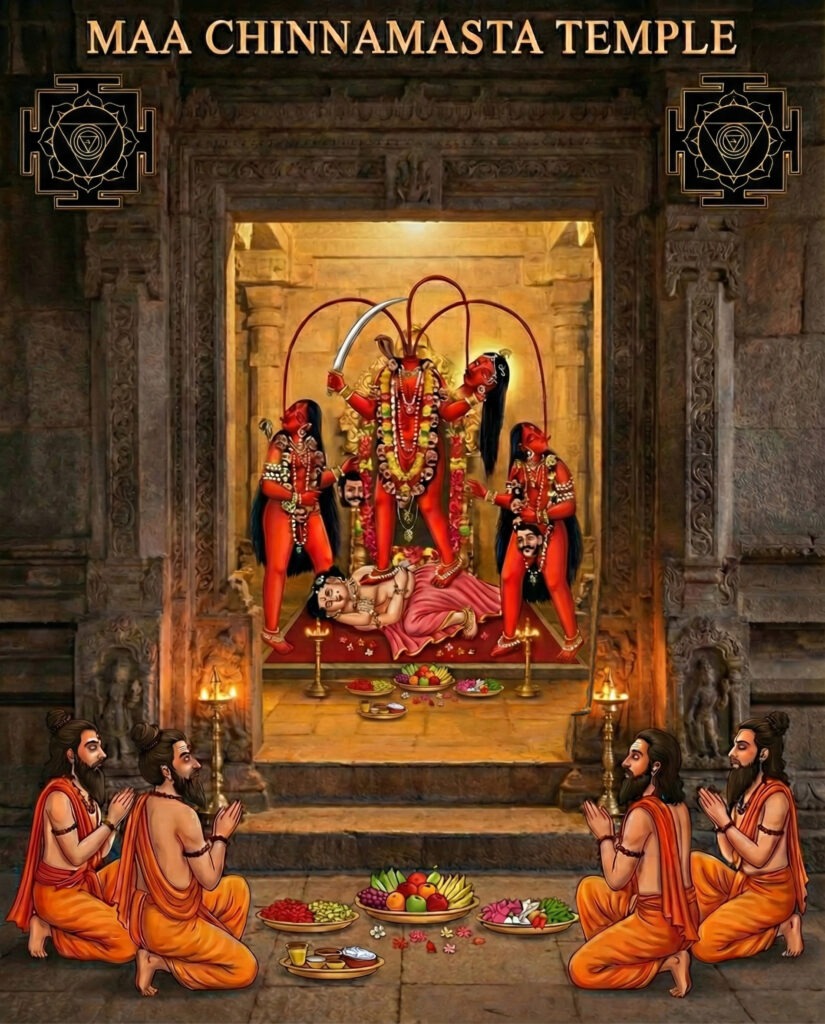 Maa ChinnaMasta Temple — the Divine Mother flanked by the yoginis Dakini and Varnini, worshipped by sages